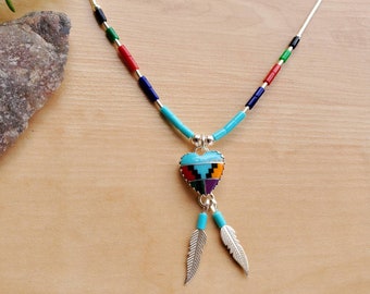 Collar con colgante de corazón multicolor SoCute925 con incrustaciones de plata líquida de 45 cm / Collar de plata de ley / Collar con incrustaciones del suroeste