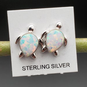 SoCute925 Sea Turtle Post Earrings | Sea Turtle Stud Earrings  | White Opal Earrings | Sterling Silver Jewelry | White Opal Turtle Earrings