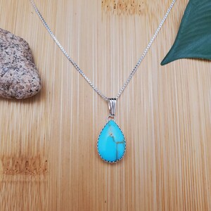 SoCute925 Small Kingman Turquoise Necklace Pendant With Silver Box Chain Necklace 18 Inches | Teardrop Turquoise Necklace | Simple Necklace