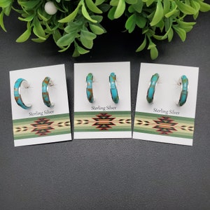 Kingman Turquoise Inlay Hoop Earrings | Sterling Silver Turquoise Hoop Earrings | Turquoise Posts | Gold Matrix Turquoise Inlay Hoop Post