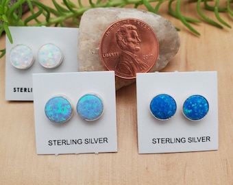 SoCute925 8mm Fire Opal Earrings | White - Blue - Dark Blue Opal Studs | Sterling Silver | Dots | posts | 3 Colors To Choose | Made in USA