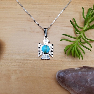 SoCute925 Thunderbird Necklace | Thunderbird Kingman Turquoise Necklace Pendant With Silver Box Chain | Sterling Silver Southwestern Jewelry