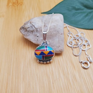 SoCute925 Big Multicolor Necklace Pendant With Silver Box Chain Necklace 18" | Sterling Silver Multicolor Necklace | Southwest Necklace Boho