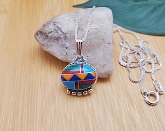 Collar grande multicolor SoCute925 con colgante y cadena de caja de plata de 45 cm / Collar multicolor de plata de ley / Collar estilo suroeste bohemio
