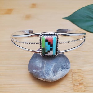 SoCute925 Square Multicolor Inlaid Southwest Cuff Bracelet | Sterling Silver Inlay Bracelet Cuff | Inlay Southwest Bracelet Cuff Made in USA