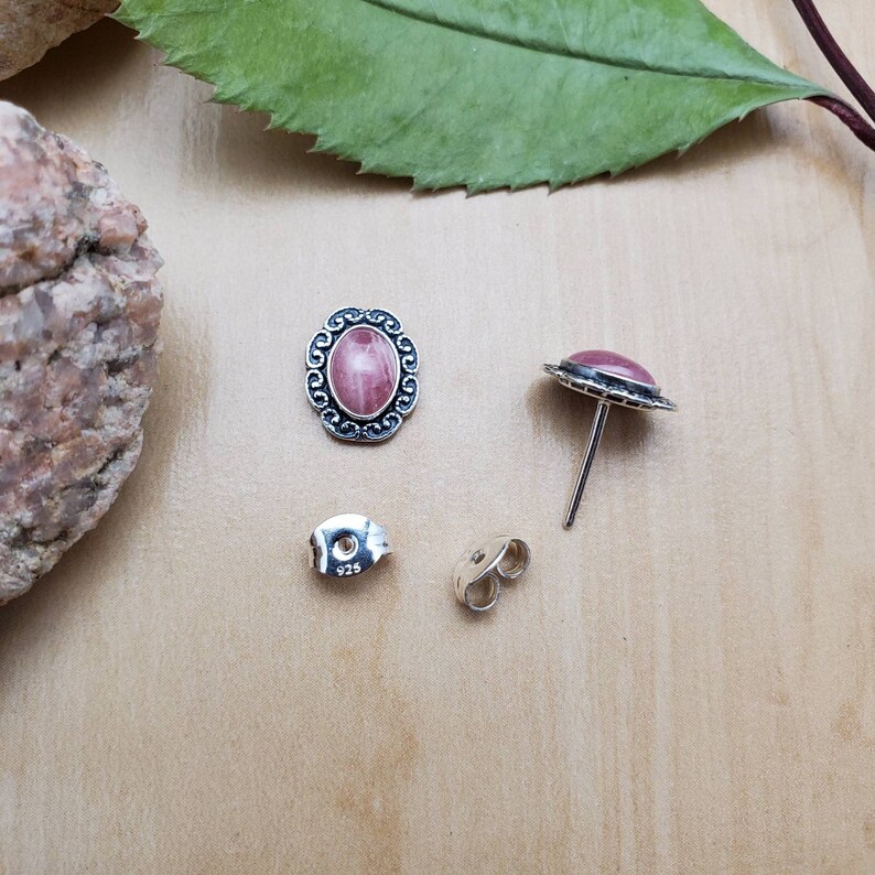 Small Pink Rhodochrosite Stud Earrings Small Pink Stone Stud Earrings Made in USA SoCute925 Tiny Oval Pink Rhodochrosite Post Earrings