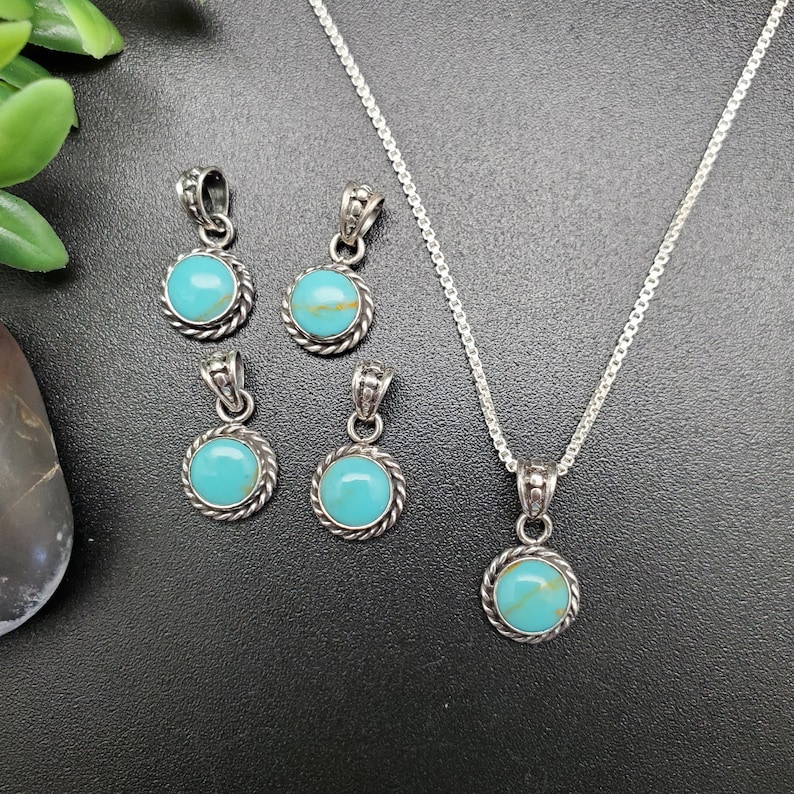 STN 64 Small Handmade 6mm Round Kingman Turquoise Necklace Pendant With Silver Chain Sterling Silver Turquoise Pendant Tiny Pendant image 1