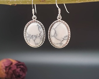 NEW Large Sterling Silver Earrings | White Buffalo Turquoise | White Turquoise Dangle | .925 Southwest White Turquoise Earrings Made in USA