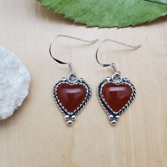 SoCute925 Dainty Heart Earrings | Carnelian Dangle Earrings | Sterling Silver Carnelian Earrings Heart Shape Carnelian Southwestern Jewelry