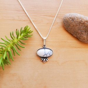 SoCute925 White Buffalo Turquoise Necklace Pendant With Silver Box Chain Necklace 18&quot; | Sterling Silver White Turquoise Necklace Made in USA