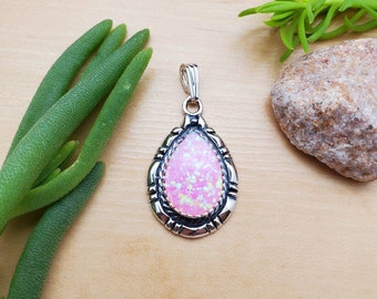 Schöne Pink Opal Halsketten-Anhänger | Rosa Opal Halskette | Pink Opal Tropfen Anhänger | Sterling Silber Halskette Anhänger Made in USA