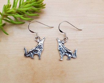 SoCute925 Howling Wolf Earrings | Howling Wolf Dangle Earrings | Sterling Silver Charm Earrings | Casted Silver Wolf Jewelry | Made in USA