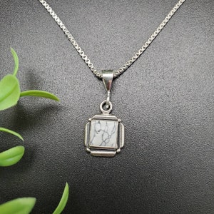 Square White Buffalo Turquoise Necklace Pendant With Silver Chain | Sterling Silver White Turquoise Necklace | White Stone Pendant Necklace