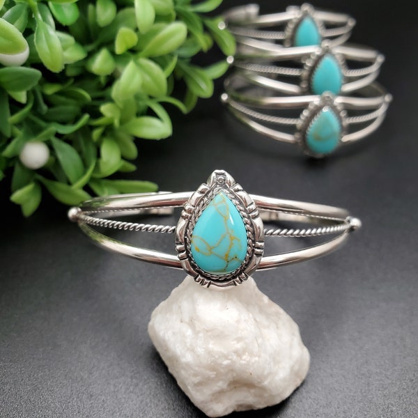 SoCute925 Dainty Turquoise Cuff Bracelet / Sterling Silver Teardrop Cuff Bracelet / Kingman Turquoise Cuff / Southwest Bracelet Made in USA