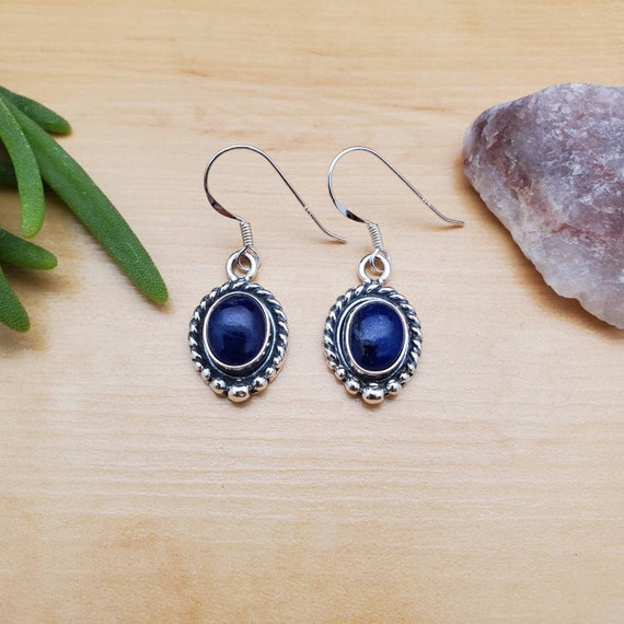 Lapis Lazuli Earrings Bead Rope Edge Sterling Silver Lapis Lazuli Earrings Bead Rope Edge Sterling Silver