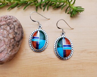 Big Multicolor Inlay Southwestern Dangle Earrings | Sterling Silver Dangle Earrings | Southwestern Jewelry | Dainty Multicolor Earrings