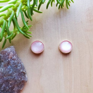 May include: A pair of round stud earrings with a light pink, glossy center and a silver-colored border. The earrings are displayed on a light wooden surface, with a green plant and a piece of purple stone in the background.