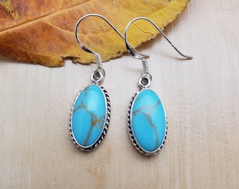 SoCute925 Turquoise Dangle Earrings | Sterling Silver Kingman Turquoise | Dainty Turquoise Earrings | Simple Southwest Earrings Made in USA