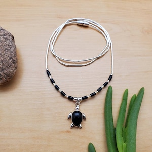 SoCute925 Small Black Onyx Sea Turtle Necklace Pendant With Liquid Silver Necklace 16&quot; | Sterling Silver Sea Turtle Necklace | Black Turtle