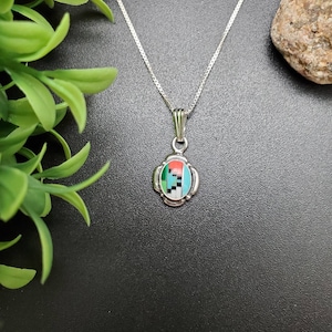 Dainty Multicolor Inlay Necklace Pendant With Silver Chain Necklace | Sterling Silver Multicolor Inlay Pendant | Inlay Southwest Pendant