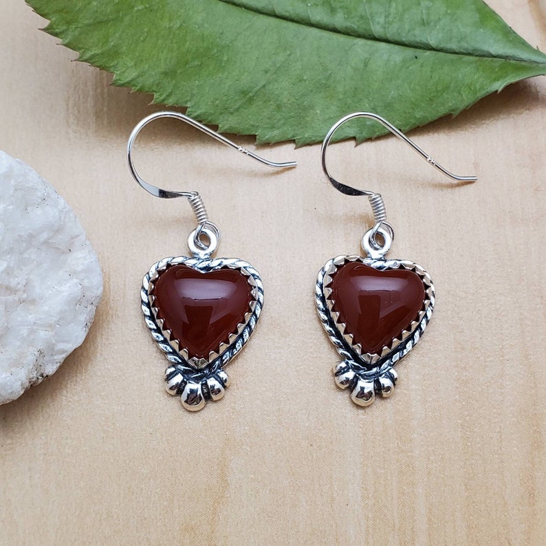 SoCute925 Dainty Heart Earrings Carnelian Dangle Earrings Sterling Silver Carnelian Earrings Heart Shape Carnelian Southwestern Jewelry