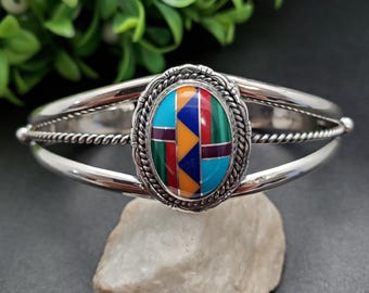 STN #C211 | Multicolor Inlay Cuff Bracelet | Sterling Silver Inlay Bracelet Cuff | Big Bright Multicolor Southwest Bracelet | Gift For Her