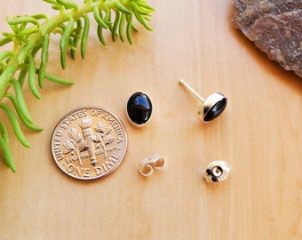 SoCute925 Black Oval Stud Earrings | Sterling Silver Black Onyx Post Earrings | Silver Black Jewelry | Dainty Black Oval Studs Made in USA