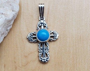Small Blue Turquoise Cross Necklace Pendant | Sterling Silver Cross Pendant | Blue Turquoise Cross Pendant | Small Boho Pendant Made in USA