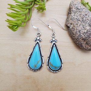 SoCute925 Kingman Turquoise Earrings | Turquoise Teardrop Earrings | Sterling Silver Turquoise Dangle Earrings | Turquoise Southwest Earring