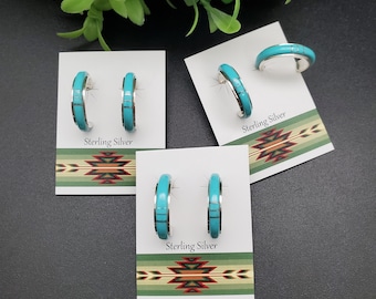 HE#15 Kingman Turquoise Earrings | Sterling Silver Turquoise Hoop Earrings | Turquoise Posts | Sterling Silver Boho Earrings | Hoop Earring