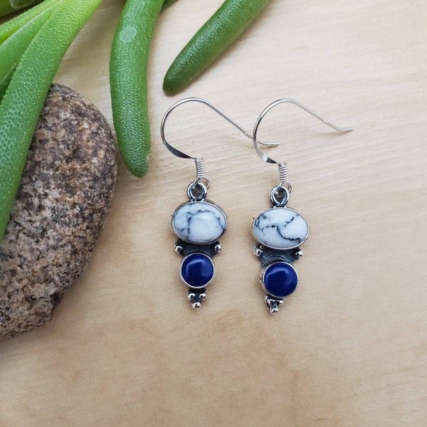 SoCute925 Lovely White Buffalo Turquoise Lapis Earrings | 925 Dainty Sterling Silver Dangle Earrings with Blue Lapis White Turquoise For Her