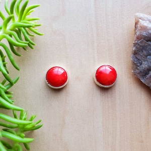 SoCute925 8mm Red Coral Studs | Sterling Silver Post Earrings | Red Coral Stud Earrings | Southwest Coral Jewelry | Dainty Red Earrings