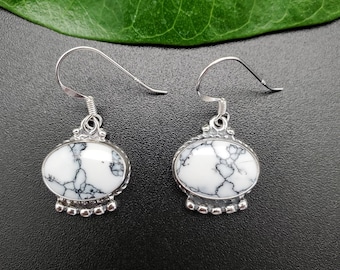 SoCute925 Big Sterling Silver White Buffalo Earrings | White Buffalo Dangle Earrings | Big White Stone With Black Matrix Stone Drop Earrings