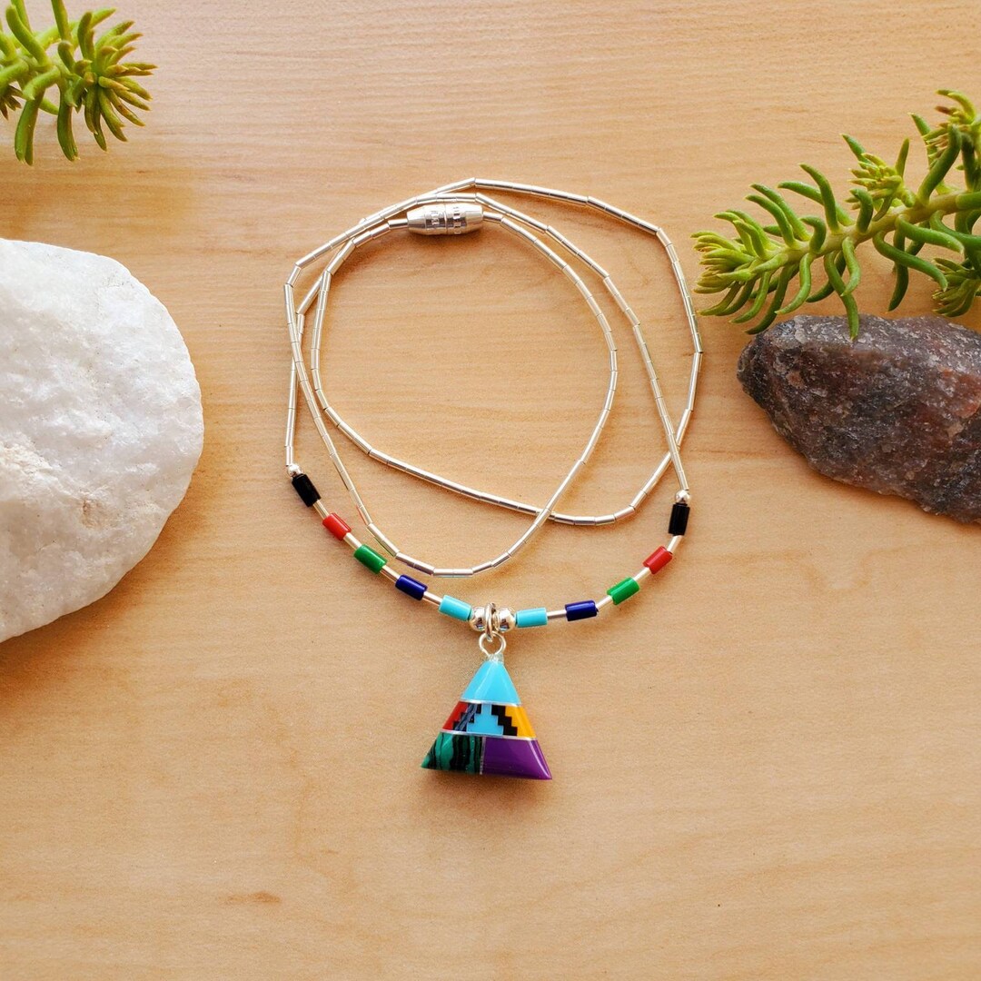 【2plan】23FW★ [MADE] 032 Insert ethnic surgical necklace Socute925 Inlay Multicolor Triangle Shape Necklace Pendant