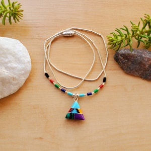 SoCute925 Inlay Multicolor Triangle Shape Necklace Pendant With Liquid Silver Necklace 16" | Sterling Silver Multicolor Necklace Made in USA