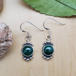 SoCute925 Dainty Green Malachite Dangle Earrings | Small Malachite Earrings | Sterling Silver Earrings | Green Stone Jewelry Made in USA