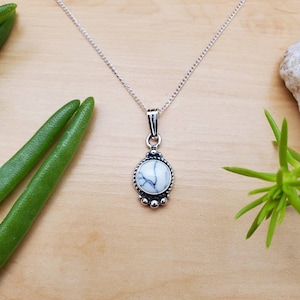 SoCute925 White Buffalo Turquoise Necklace Pendant With Silver Box Chain Necklace 18&quot; | Sterling Silver White Turquoise Necklace Made in USA