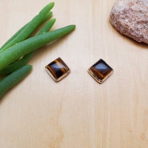 May include: A pair of square-shaped earrings with gold settings and tiger's eye stones.