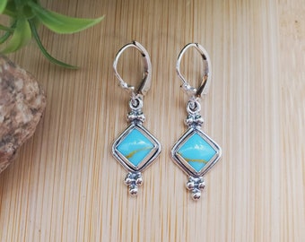 Pendientes SoCute925 de turquesa / Pendientes cuadrados colgantes / Pendientes de turquesa con cierre de palanca / Pendientes colgantes de turquesa / Pendientes bohemios de plata de ley / Regalo para ella