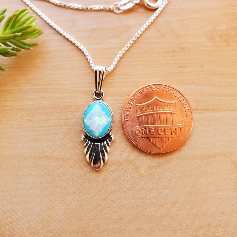 SoCute925 Dainty White Opal Turquoise Necklace Pendant With Silver Box Chain Necklace 18 Sterling Silver Necklace Dainty Necklace