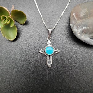 Blue Green Opal Cross Necklace Pendant With Silver Box Chain Necklace | Sterling Silver Blue Green Opal Necklace | Southwestern Jewelry