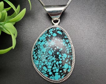IGM#49 Unieke Kingman Turquoise hanger met sterlingzilveren ketting | Zilveren turkoois kettinghanger | Grote turquoise zuidwestelijke ketting