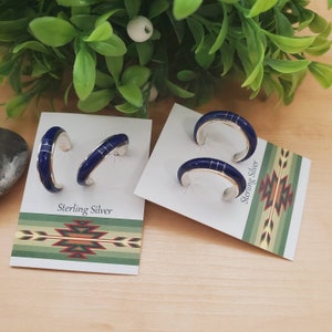 Blue Lapis Lazuli Hoop Earrings | Sterling Silver Blue Lapis Hoop Earrings | Sterling Silver Boho Earrings | Hoop Earring Posts | Lapis Hoop