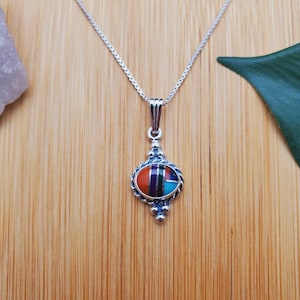 SoCute925 Small Inlay Multicolor Necklace Pendant With Silver Box Chain Necklace 18 Inches | Inlay Sterling Silver Southwest Necklace | Boho