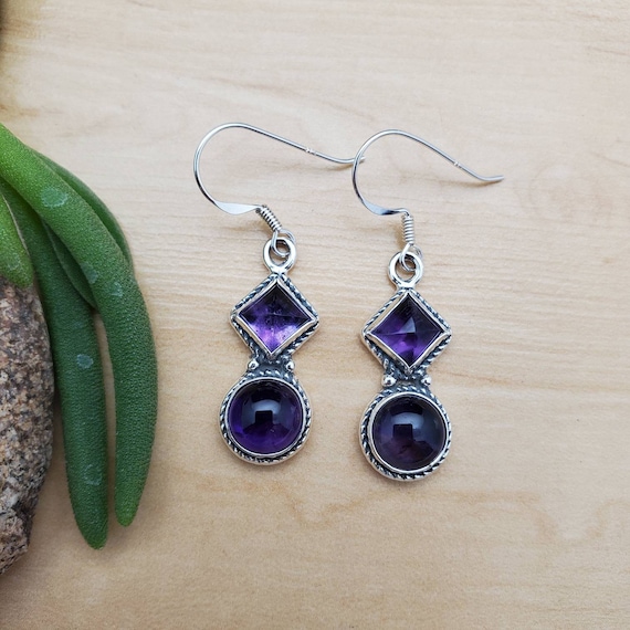 Boucles D'oreilles Rectangulaires En Argent 925 - Avec Améthyste Violet Et Marcassites - Occasion