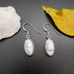 SoCute925 White Buffalo Turquoise Earrings | White Turquoise Dangle Earrings | Sterling Silver White Stone Black Matrix Earrings Made in USA