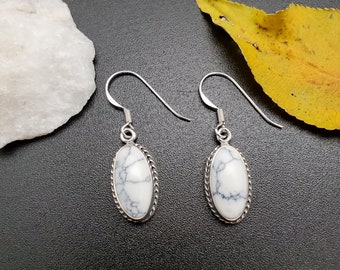SoCute925 White Buffalo Turquoise Earrings | White Turquoise Dangle Earrings | Sterling Silver White Stone Black Matrix Earrings Made in USA