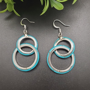 HE-08 | Double Blue Turquoise Inlay Hoop Earrings | Sterling Silver Turquoise Hoop Earrings | 2 Full Hoop Hook Earrings | Turquoise Earrings
