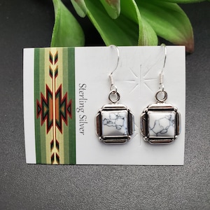 SoCute925 White Buffalo Turquoise Earrings | White Turquoise Dangle | Sterling Silve Southwest Earrings | Turquoise Square Concho Earrings