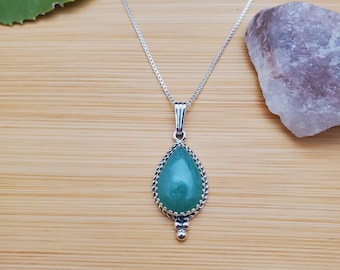Große Teardrop Aventurin Halskette Anhänger mit Silber Box Kette Halskette 18 "" | Grün Healing Aventurin Halskette | Sterling Silber Halskette